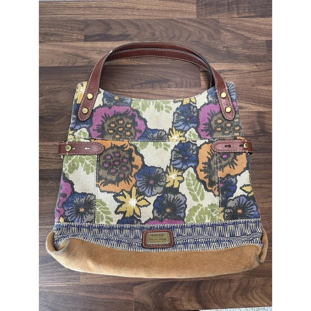 Fossil Long Live Vintage Floral Canvas Tote Hobo Purse Flowers